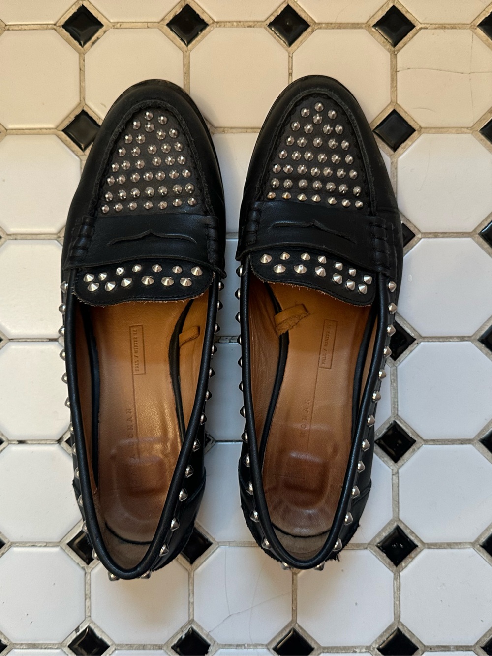 Zara Black Studded Leather Penny Loafers